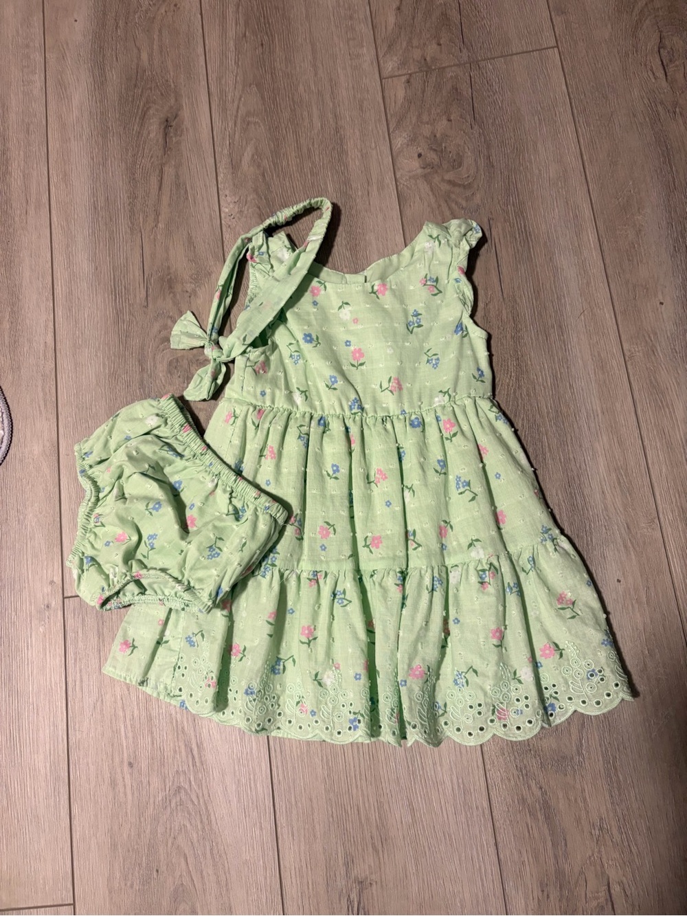George Light Green Floral Eyelet Tiered Dress with Bloomers
